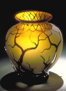 Bellied Root Vessel topaz color by Bernard Katz Belliedroot Vessel shown in the topaz color is a blown glass vessel form by Bernard Katz