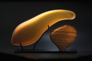 Bikeya by Bernard Katz Glass Bikeya shown in aurora and cinnamon colors is a hand blown glass sculpture by Bernard Katz