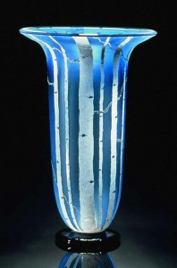 Birch Vase in blue color by Bernard Katz The Birch Vase shown in the blue color is blown art glass by Bernard Katz