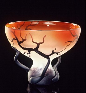 Chalice Root in sunset salmon Blown sculptural glass vessel, the Chalice Root shown in sunset salmon is created by Bernard Katz