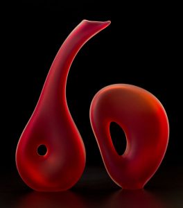 hand blown art glass sculpture, Melange Series 10 shown in scarlet color by Bernard Katz