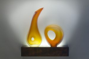 Monolito in aurora akumal alban glass forms Monolito Series shown with Akumal and Alban glass forms in aurora color by Bernard Katz