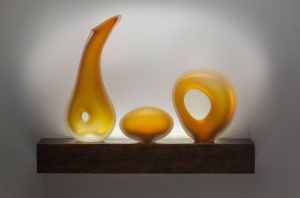 Monolito akumal, masso, and alban shown in aurora color by Berna Monolito Series shown with Akumal, Masso, and Alban glass forms in aurora color by Bernard Katz