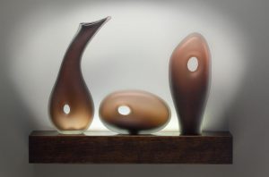 Monolito Series with Akumal, Tulum, and Palanque glass forms in tea color by Bernard Katz