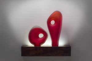 Monolito Series set with Coba and Palanque glass forms in scarlet by Bernard Katz