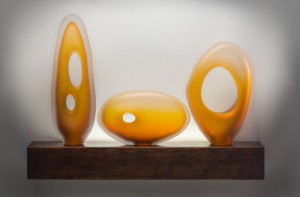 Monolito muno, tulum, and mitla shown in aurora color by Bernard Monolito Series set with Muno, Tulum, and Mitla glass forms in aurora color by Bernard Katz