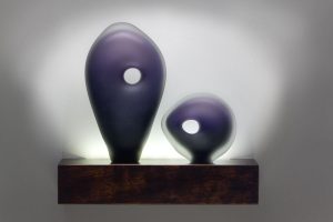 Monolito Series with Palanque and Coba glass forms shown in indigo color by Bernard Katz