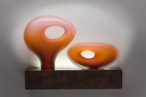 Monolito tikal and Tulum shown in salmon color by Bernard Katz Monolito Series with Tikal and Tulum glass forms in salmon color by Bernard Katz