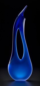 Tall Avelino blue color by Bernard Katz Glass Tall Avelino shown in the blue color is a hand blown glass sculpture by Bernard Katz