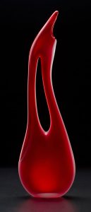 Tall Avelino in scarlet color by Bernard Katz Glass Tall Avelino shown in scarlet color is a blown glass sculpture created by Bernard Katz