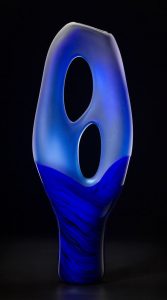Trans Terra Ceia blue color by Bernard Katz Glass Trans Terra Ceia shown in cerulean blue is a hand blown glass sculpture by Bernard Katz