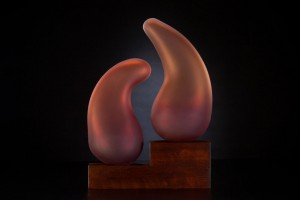 Shidoni in deep scarlet color by Bernard Katz Shidoni in deep scarlet color is a hand blown glass sculpture created by Bernard Katz