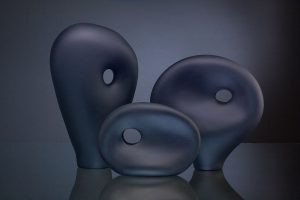 Bernard Katz glass sculpture Melange Series 7 art glass sculpture, Melange Series 7 shown in indigo color created by Bernard Katz