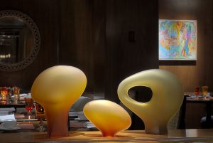 Fountain Restaurant glass sculpture by Bernard Katz Glass - Melange Series Trio 1 Bernard Katz Glass sculpture displayed in the Fountain Restaurant Philadelphia