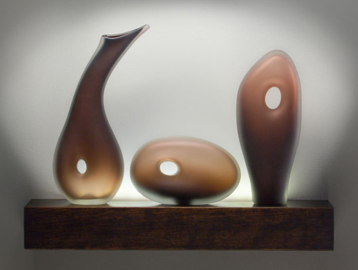 Akumal, Tulum, & Palanque Monolito glass sculptures tea color by Bernard Katz