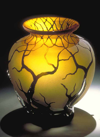Bellied Root Vessel art glass in gold topaz color by Bernard Katz