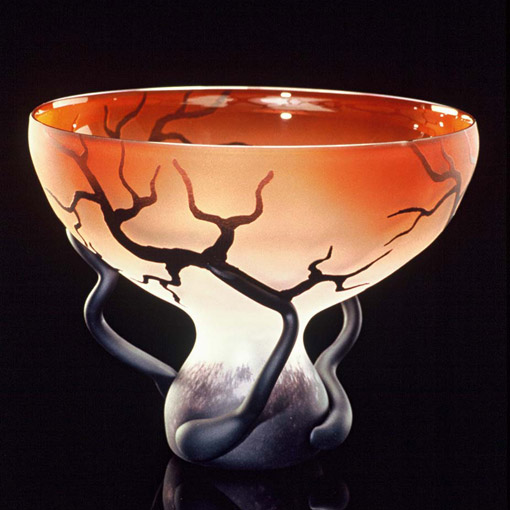 Chalice Root art glass bowl in sunset salmon color by Bernard Katz