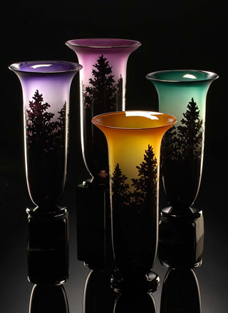 Pine Vase art glass vases group in topaz, amethyst, green, and reddish-amethyst colors by Bernard Katz