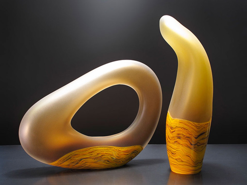 Senado art glass sculpture in yellow amber color by Bernard Katz