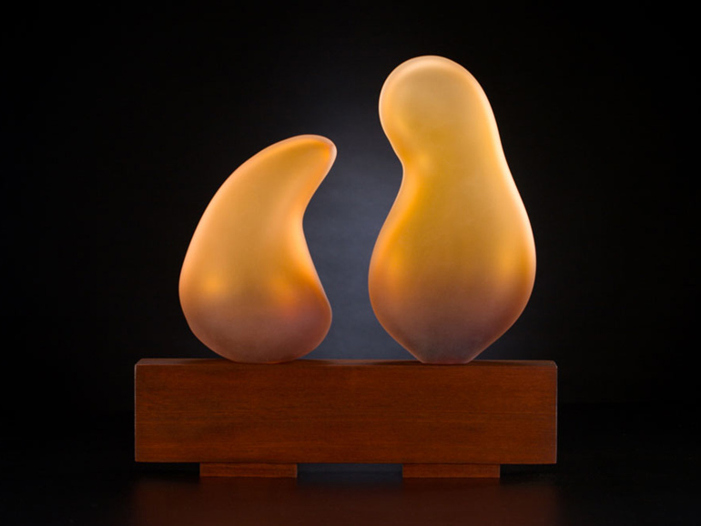 Shima in aurora glass sculpture with wood base