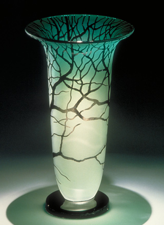 Tree Vase in green color art glass by Bernard Katz