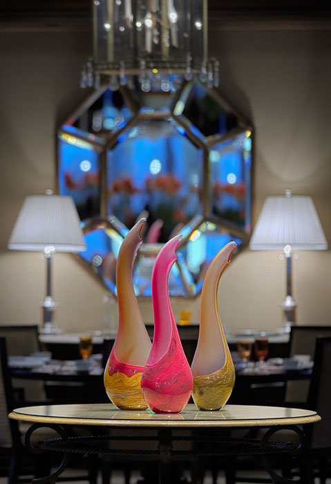 Salinas Trio glass sculptures by Bernard Katz in Fountain Restaurant entrance way