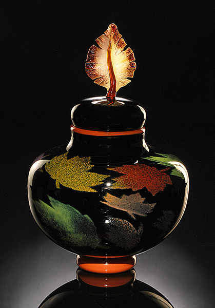 Autumn Foliage art glass vessel showing fall colors handblown by Bernard Katz