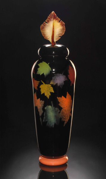 Tall Autumn Foliage art glass vase in fall colors handblown by Bernard Katz