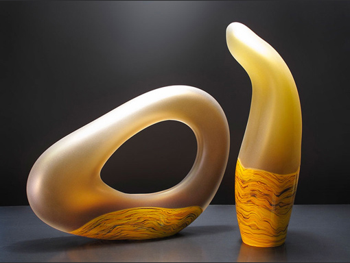 Senado art glass sculpture yellow amber color - Melange Series handblown by Bernard Katz